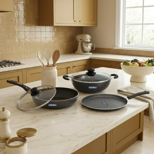 NDuraa Non-Stick 3 Pieces Set With Induction Base (Tawa, Fry Pan Kadia with glass Lid)