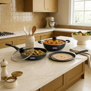 NDuraa Non-Stick 3 Pieces Regular Set (Tawa, Fry Pan Kadia with glass Lid)